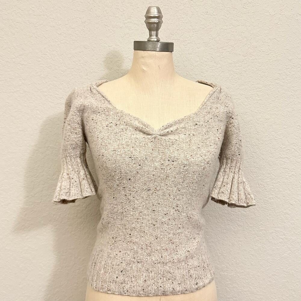 NICHOLAS Sweater Oatmeal Beige Speckled Wool Knit Ruffled Puff Sleeve